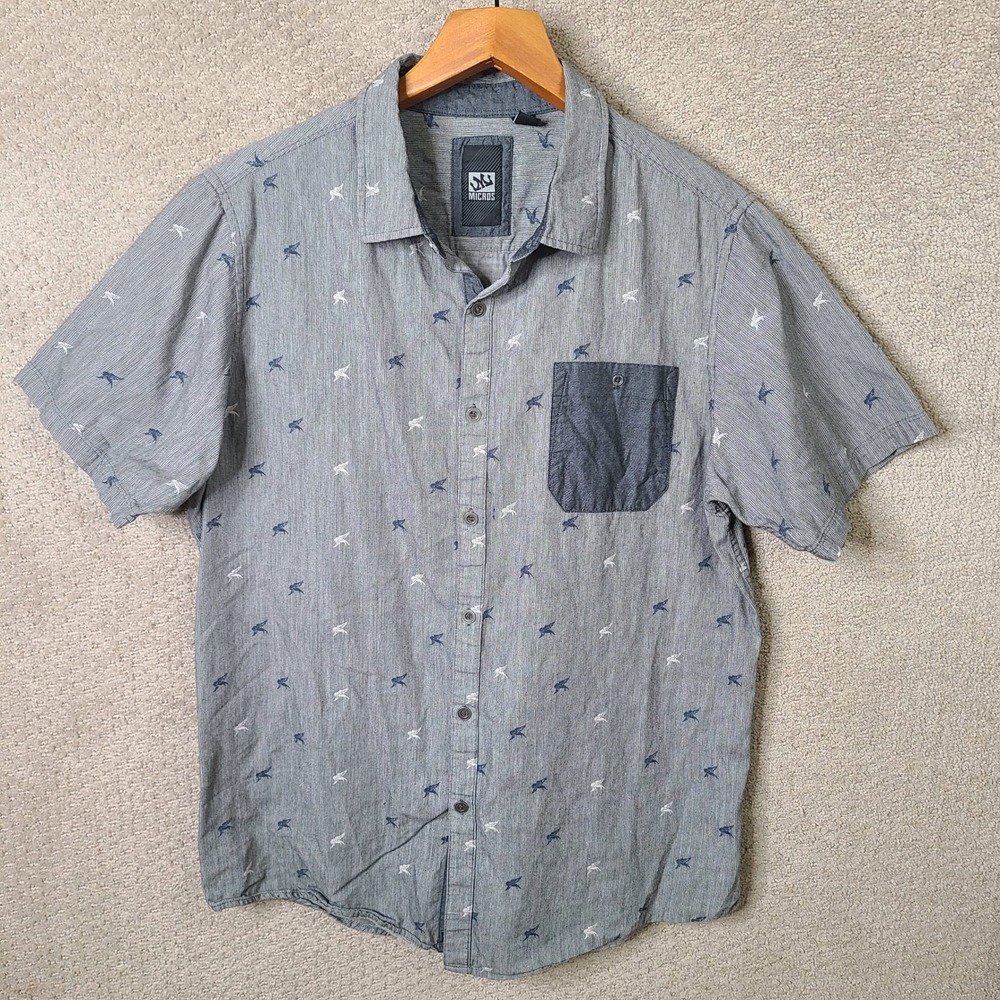 Micros Shirt Mens XL Blue Bird Print Button Down Short Sleeve Cotton Casual